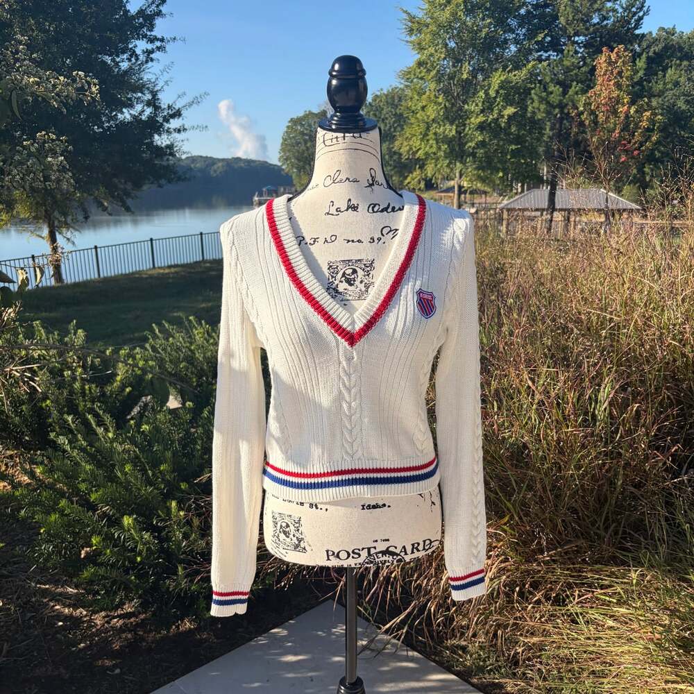 Forever 21 x K-Swiss Cable Knit Varsity Sweater Women’s Medium Cream Red Blue